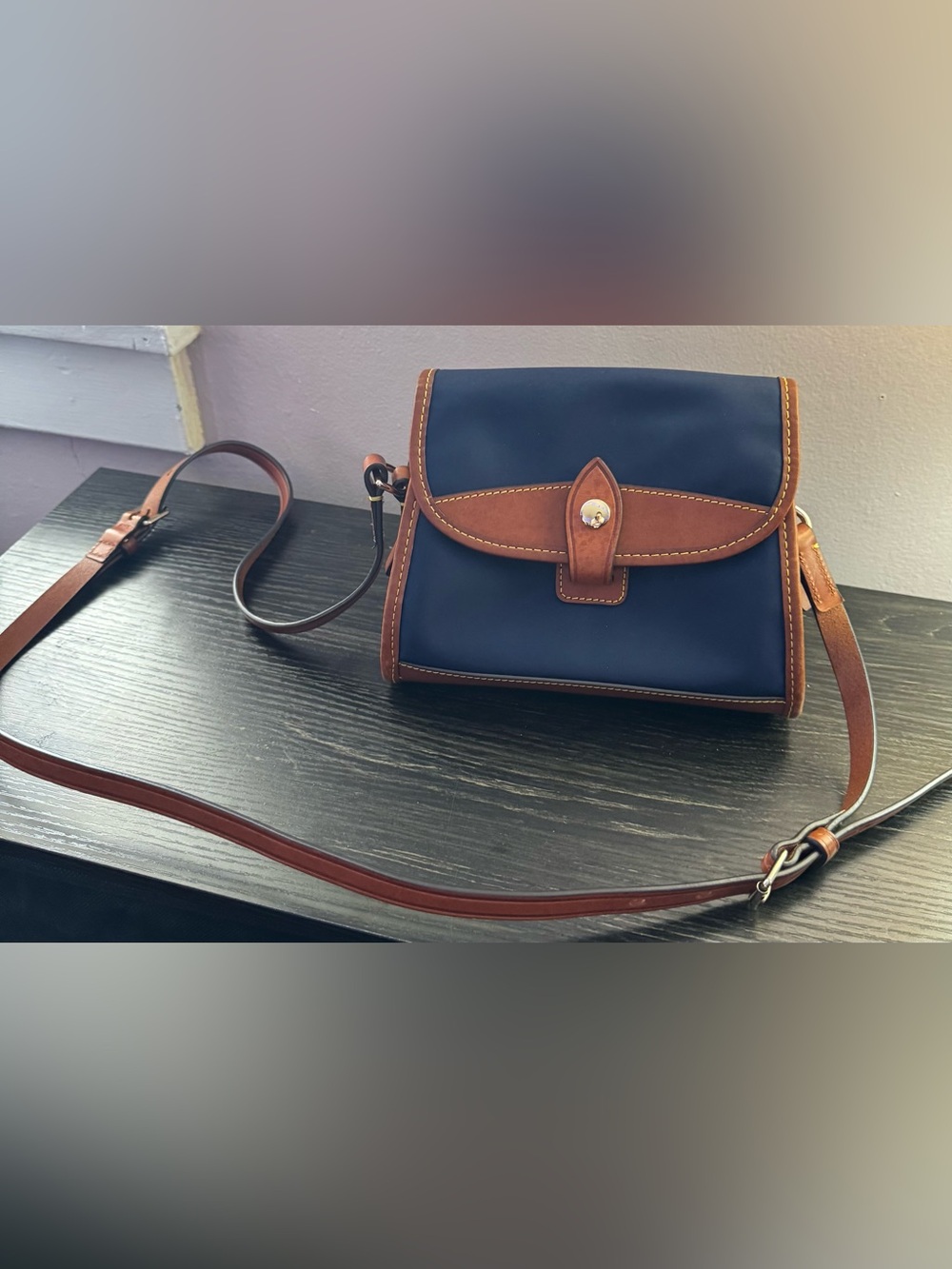 Dooney & Bourke Navy and Brown Leather Flap Crossbody